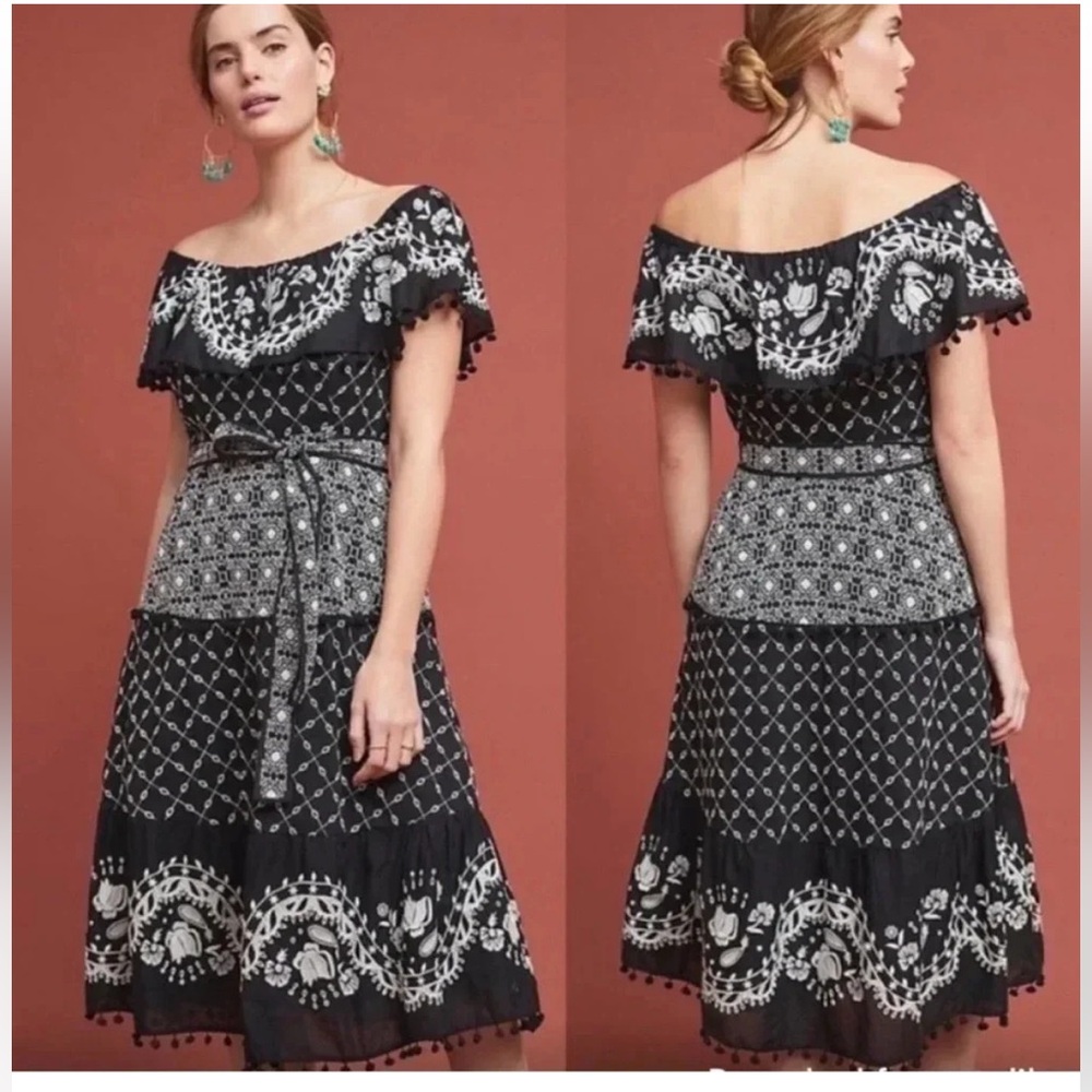 Anthropologie | Black and white ruffled and embroidered off-shoulder midi dress